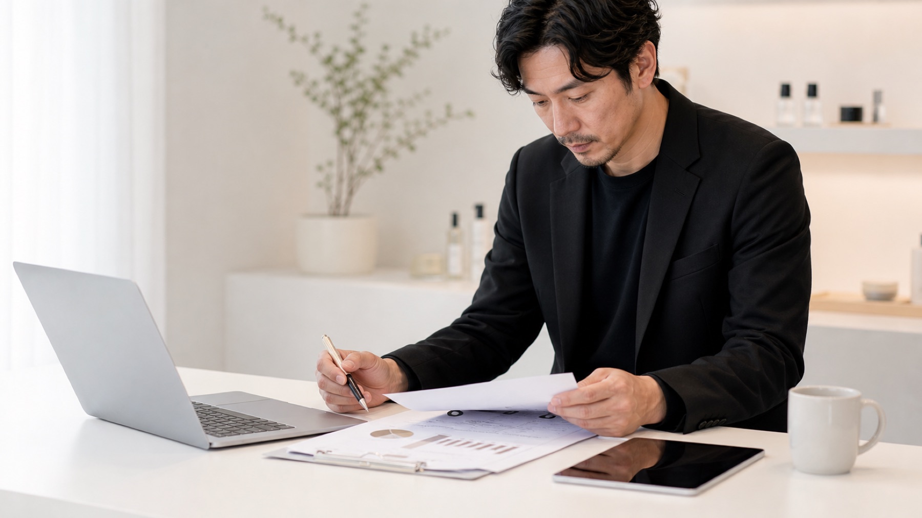 サロン導入に向けて収益計画を確認している手元