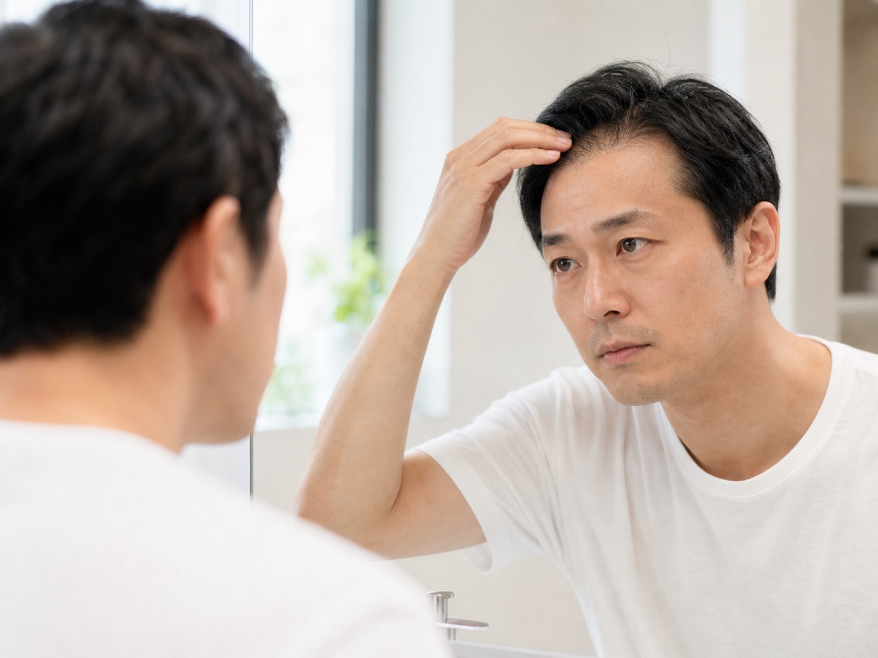 鏡で生え際の薄毛を確認している男性