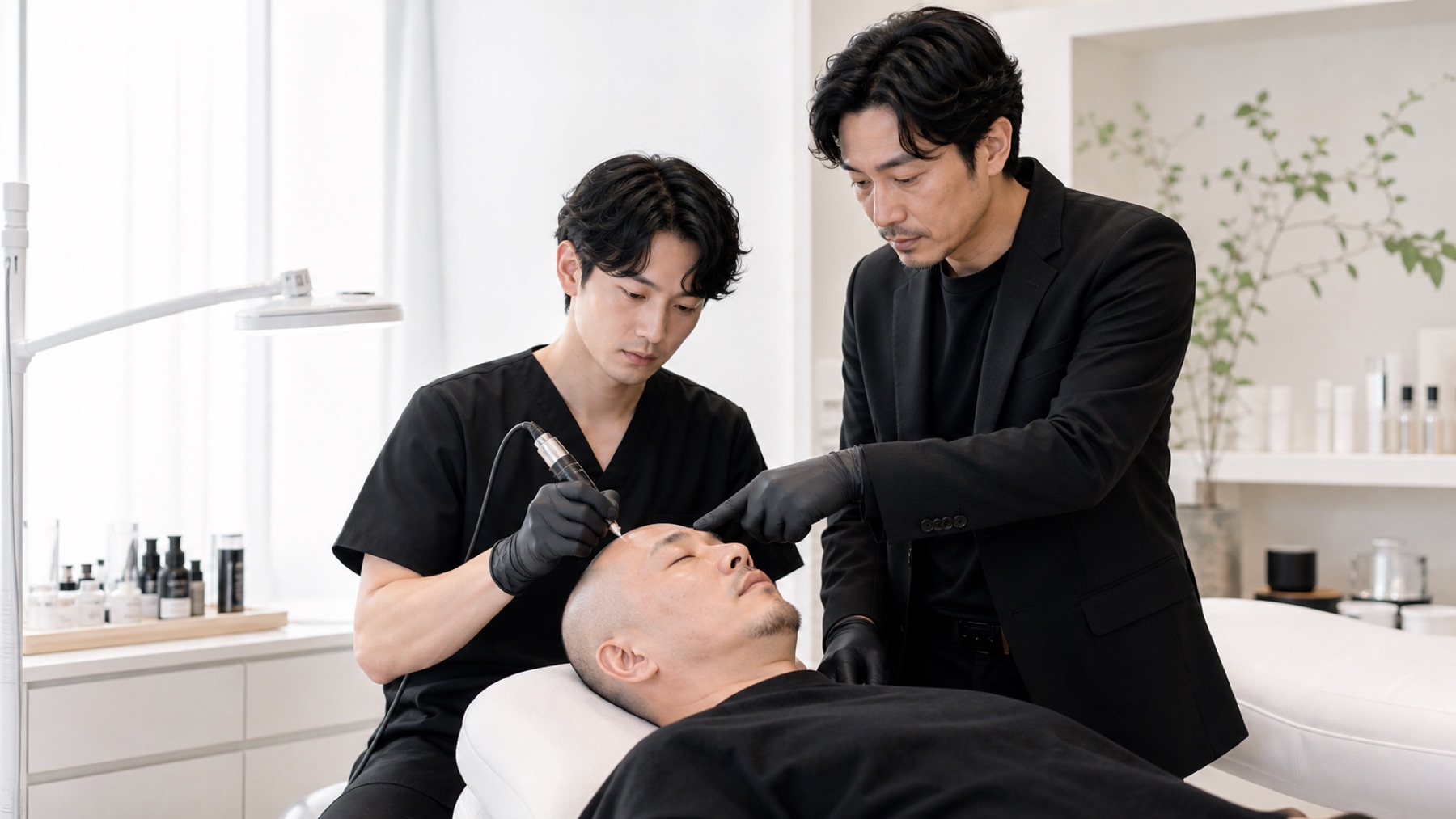 明るいサロンで講師が受講者にスカルプインク技術を教えている様子